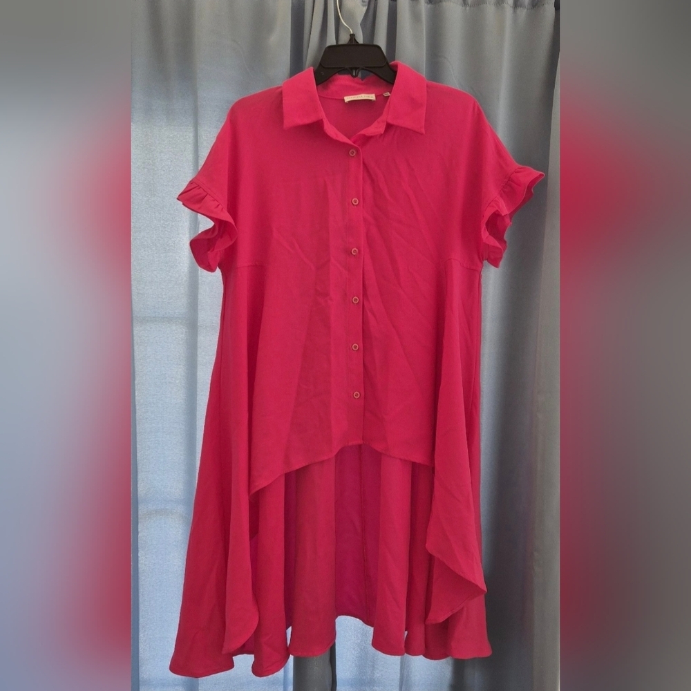 Patrizia Luca High Low Flutter Sleeve Vibrant Pink Blouse